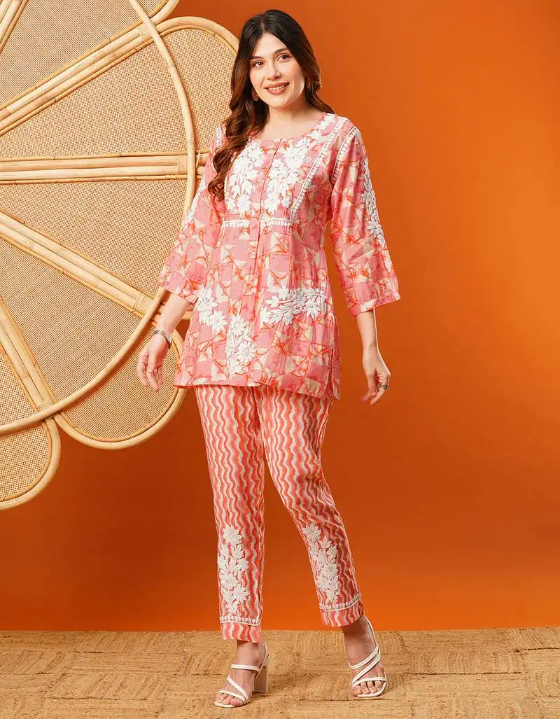 Hand embroidered peach chanderi lucknowi chikankari co-ord set