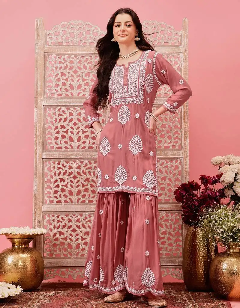 Hand embroidered dusty peach modal lucknowi chikankari garara set