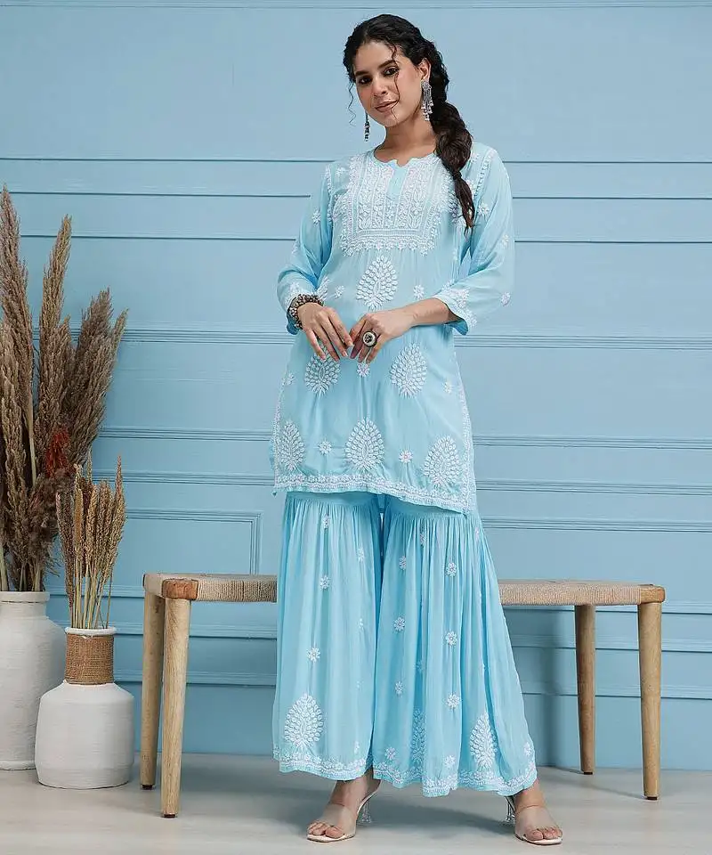Hand embroidered sky blue modal lucknowi chikankari garara set