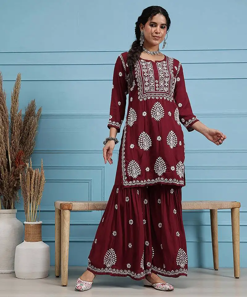 Hand embroidered maroon modal lucknowi chikankari garara set