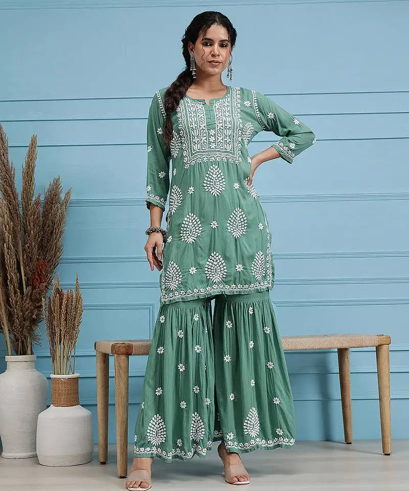Hand embroidered green modal lucknowi chikankari garara set