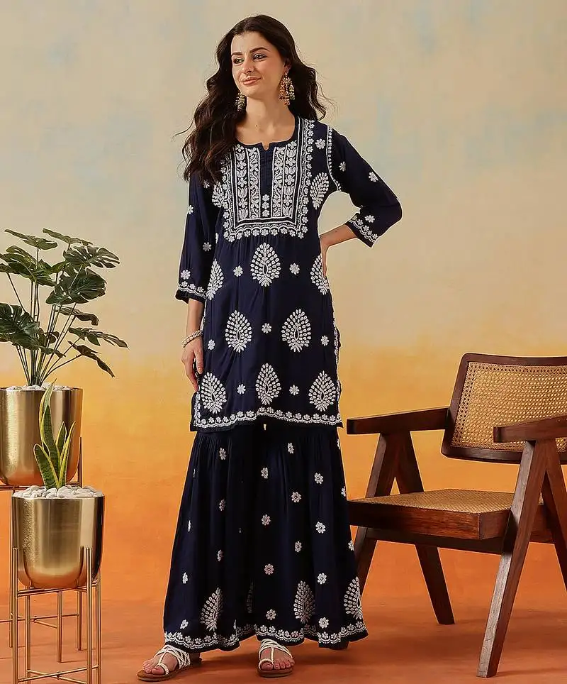 Hand embroidered navy blue modal lucknowi chikankari garara set