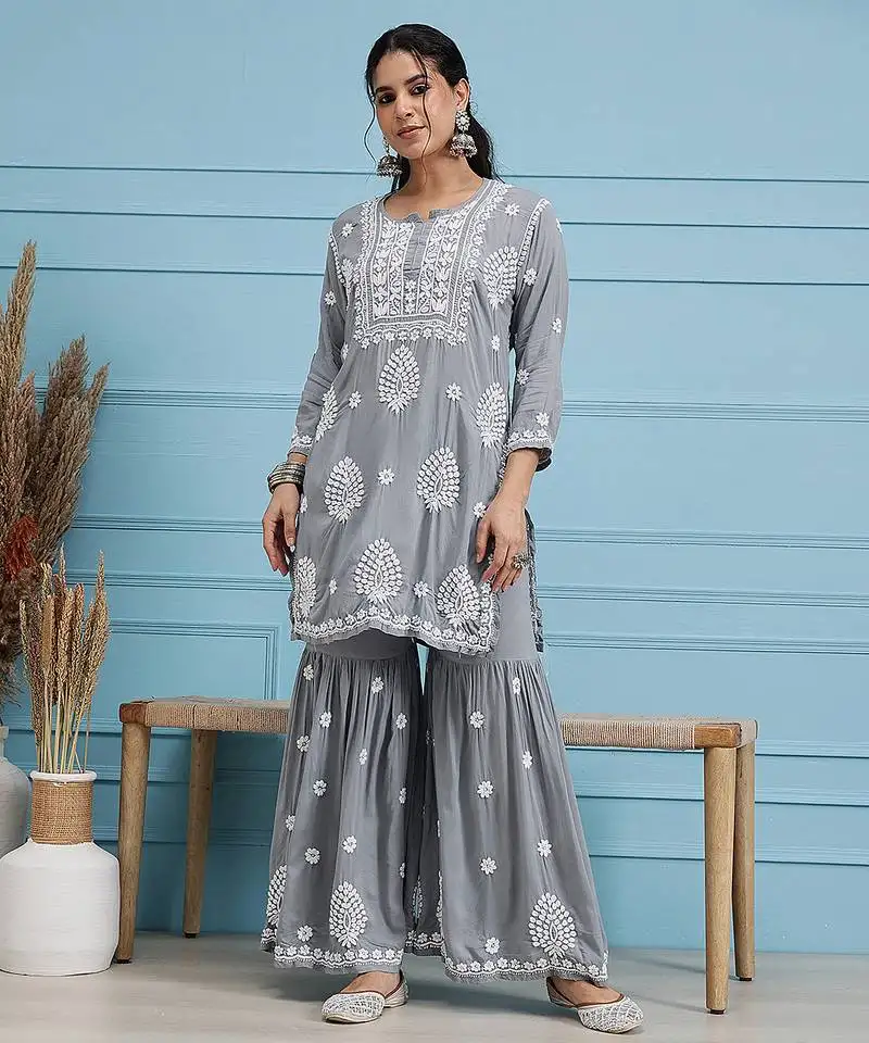 Hand embroidered grey modal lucknowi chikankari garara set