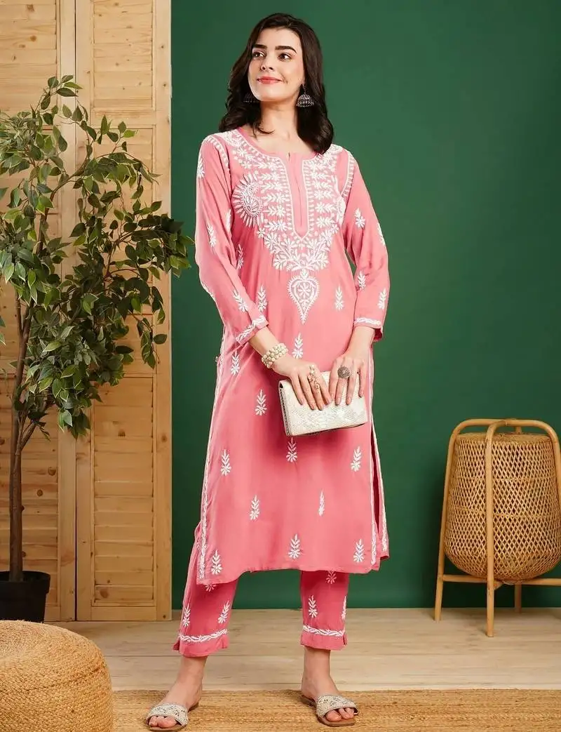 Hand embroidered peach rayon lucknowi chikankari co-ord set