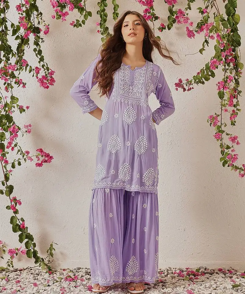 Hand embroidered lavender modal lucknowi chikankari garara set