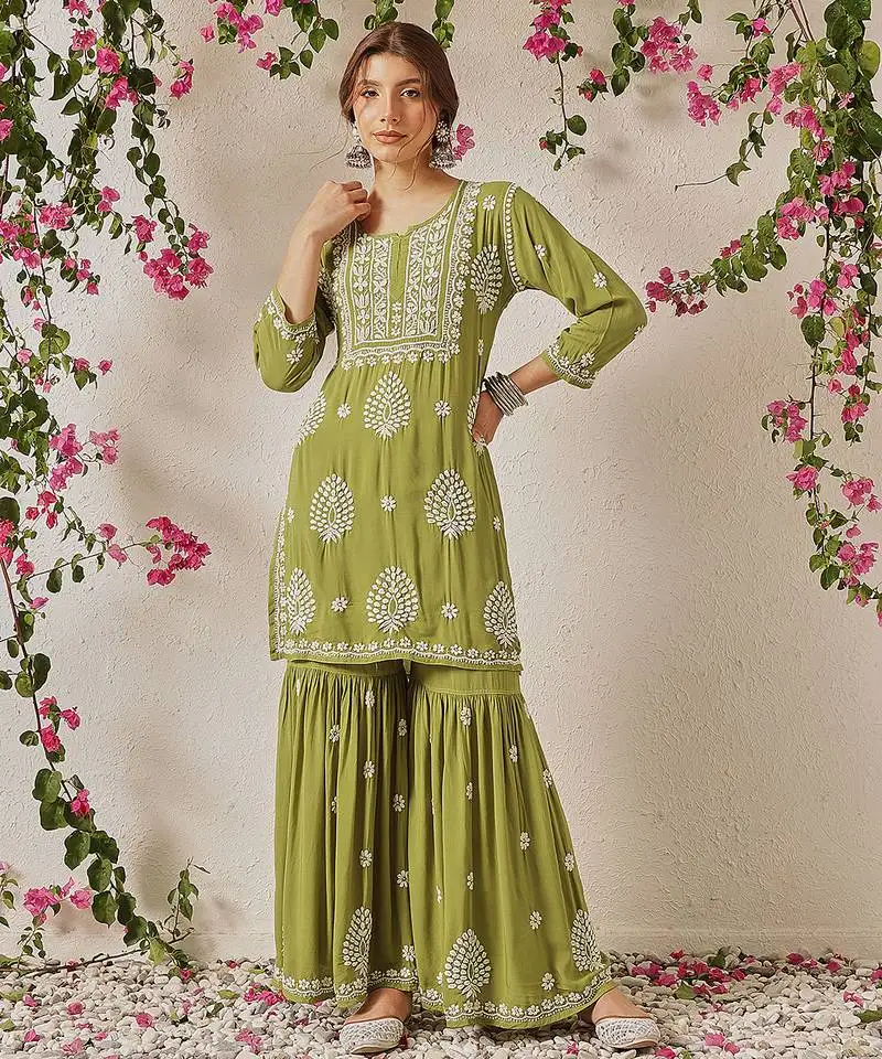 Hand embroidered mehendi green modal lucknowi chikankari garara set