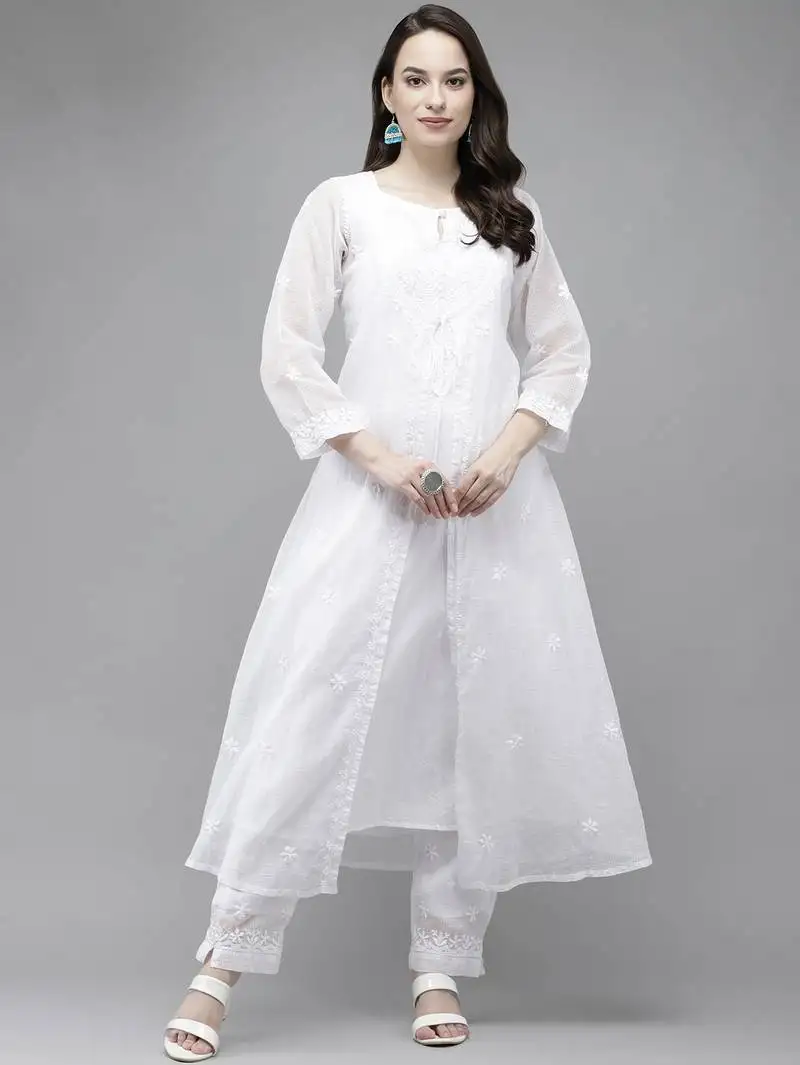 Hand embroidered white kota lucknowi chikankari kurta set