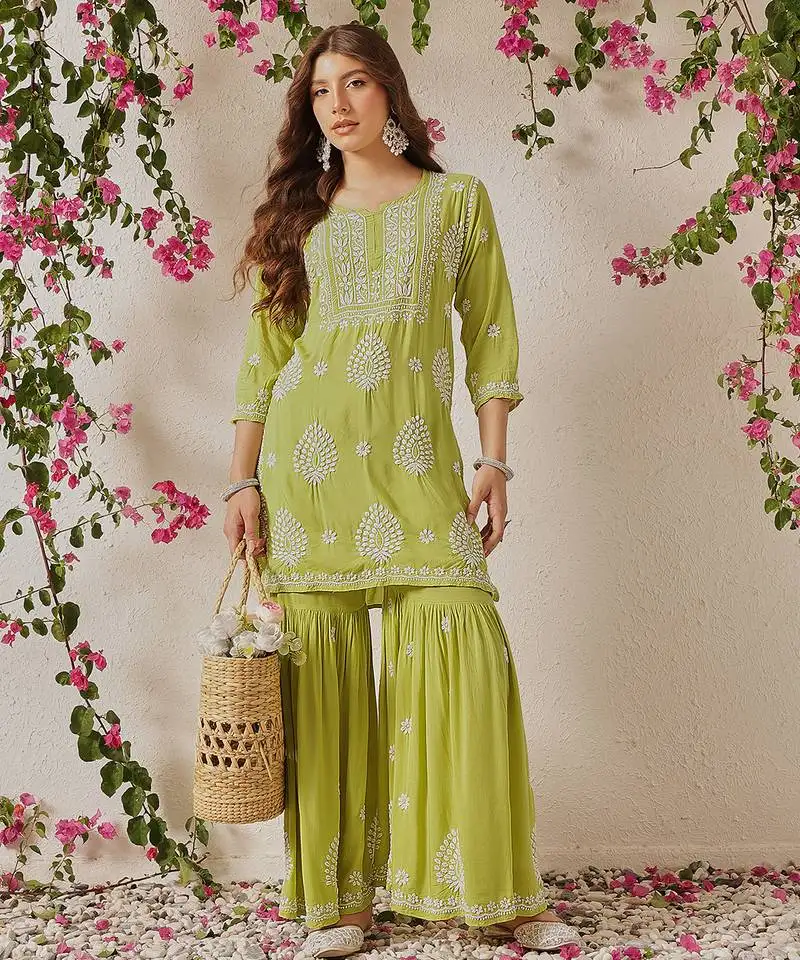 Hand embroidered liril green modal lucknowi chikankari garara set