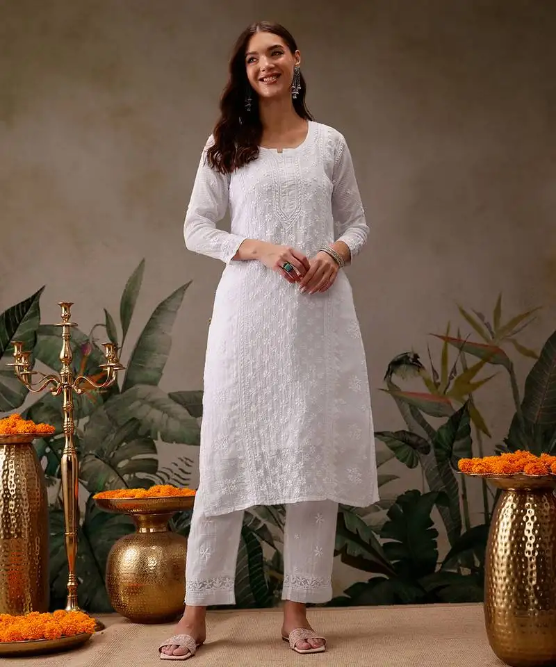 Hand embroidered white kota lucknowi chikankari kurta set with slip