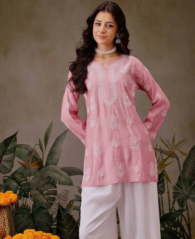 Hand embroidered dusty peach chanderi silk lucknowi chikankari short kurti