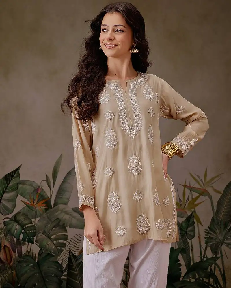 Hand embroidered fawn chanderi silk lucknowi chikankari short kurti