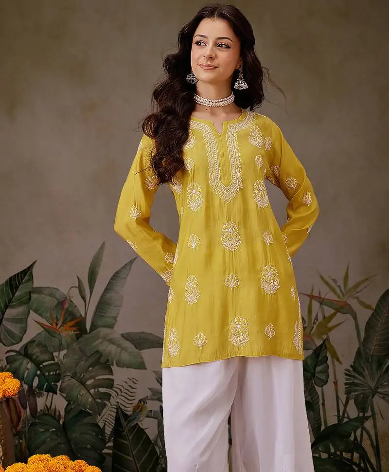 Hand embroidered mustard chanderi silk lucknowi chikankari short kurti