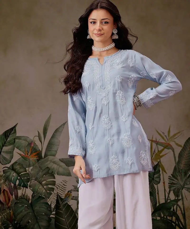 Hand embroidered ink blue chanderi silk lucknowi chikankari short kurti