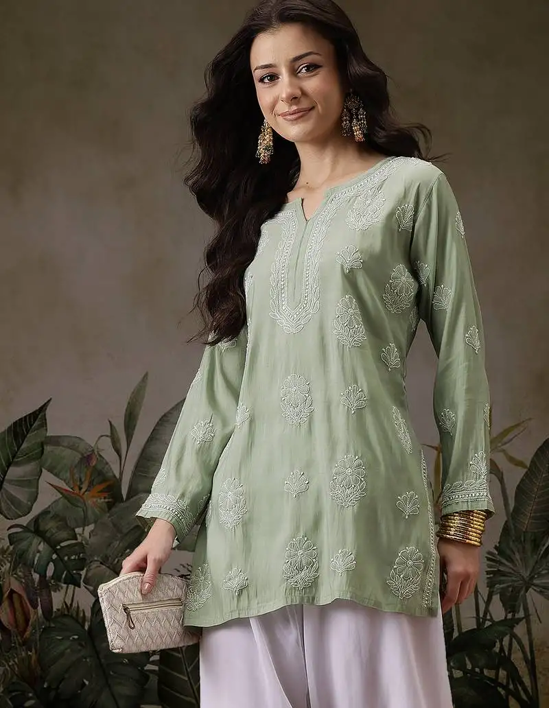 Hand embroidered pista green chanderi silk lucknowi chikankari short kurti