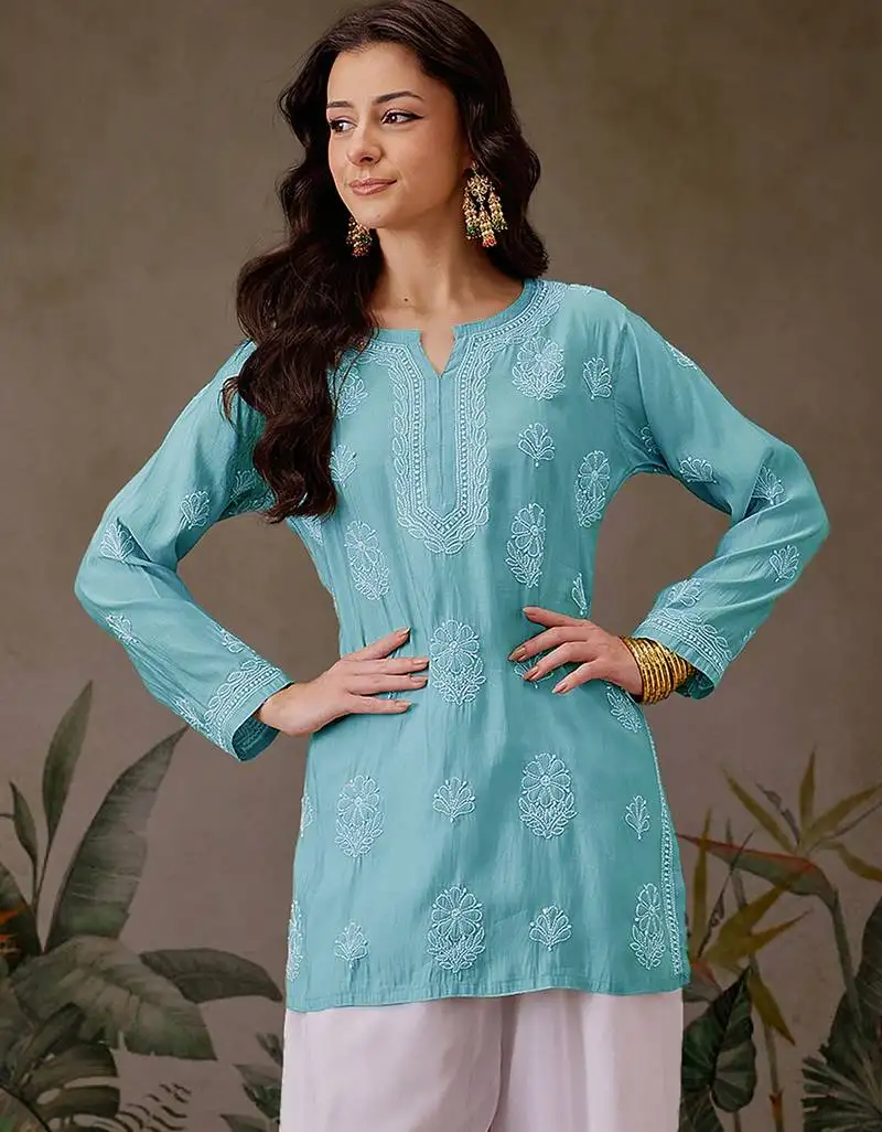 Hand embroidered turquoise blue chanderi silk lucknowi chikankari short kurti