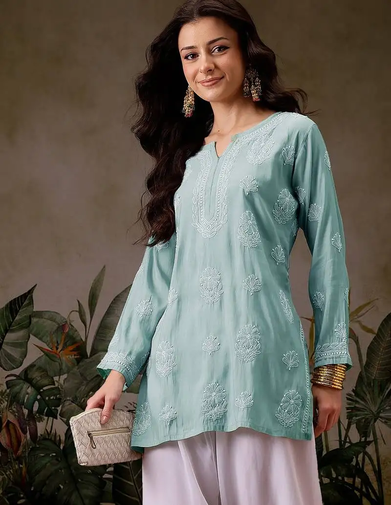 Hand embroidered light sea green chanderi silk lucknowi chikankari short kurti