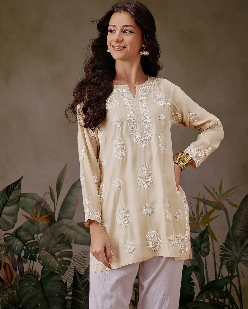 Hand embroidered light fawn chanderi silk lucknowi chikankari short kurti