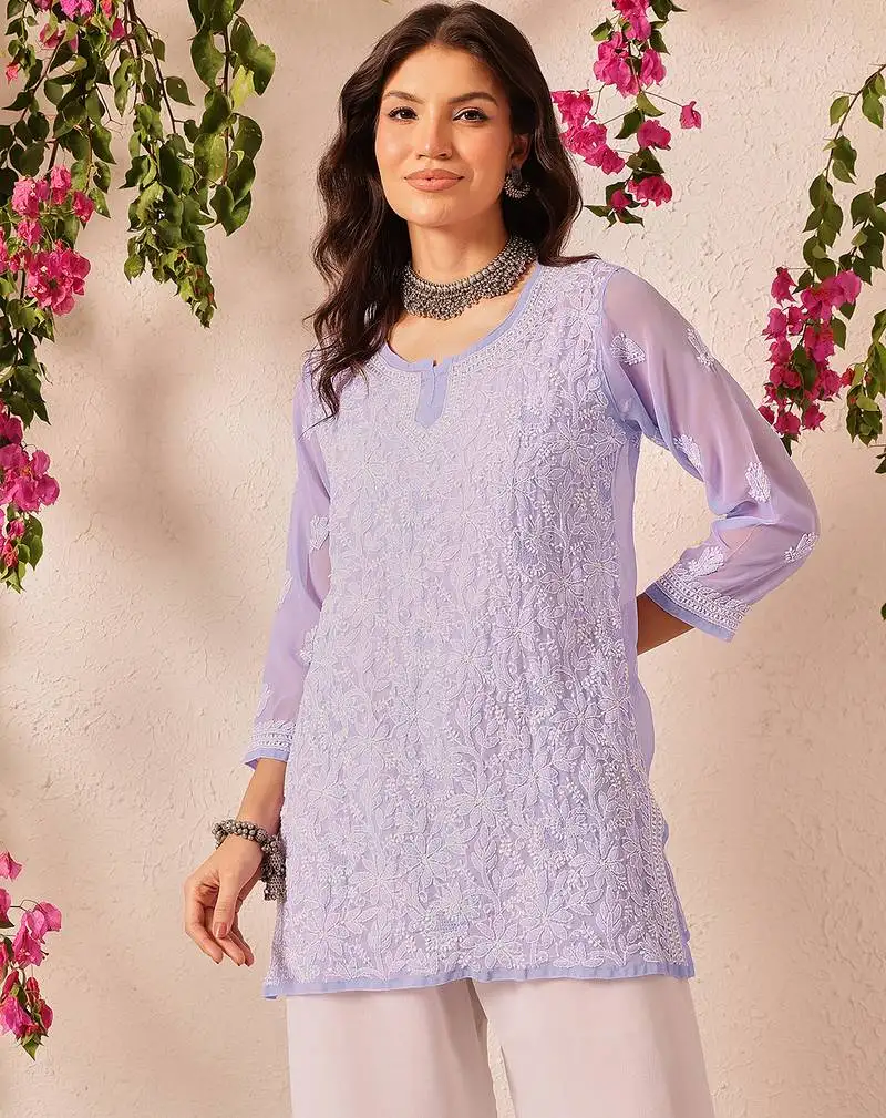 Hand embroidered mauve georgette lucknowi chikankari short kurti
