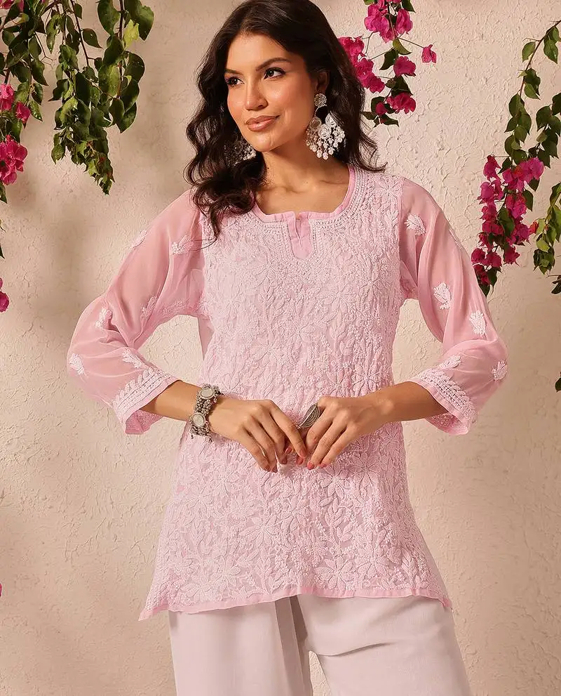 Hand embroidered baby pink georgette lucknowi chikankari short kurti