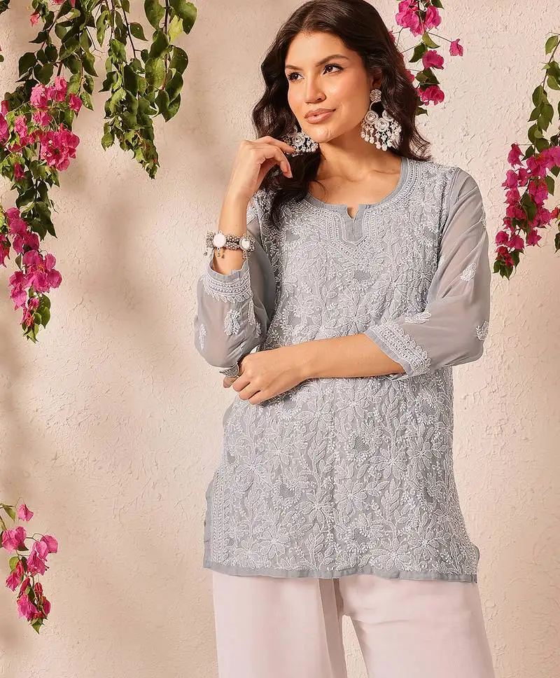 Hand embroidered grey georgette lucknowi chikankari short kurti