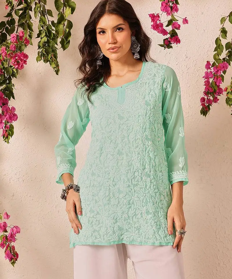 Hand embroidered sea green georgette lucknowi chikankari short kurti