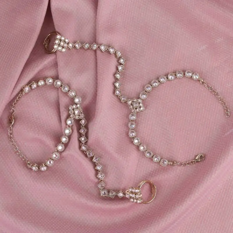 Traditional round and rectangle shape gold plated set of 2 adjustable hathphool(panja) for women