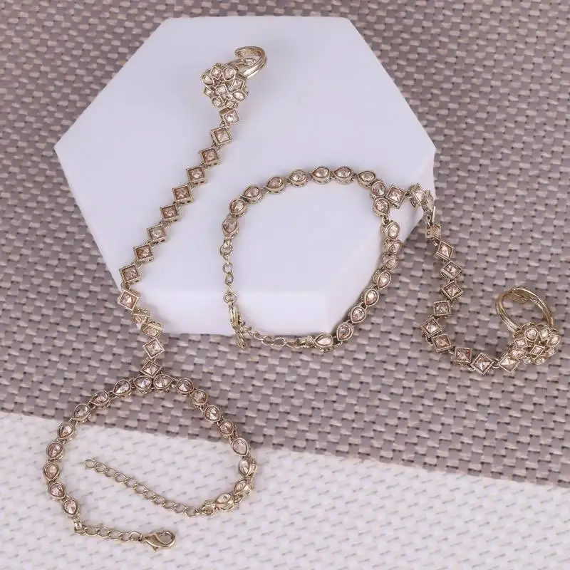 Traditional creative rectangle and oval shape gold plated set of 2 adjustable hathphool(panja) for women