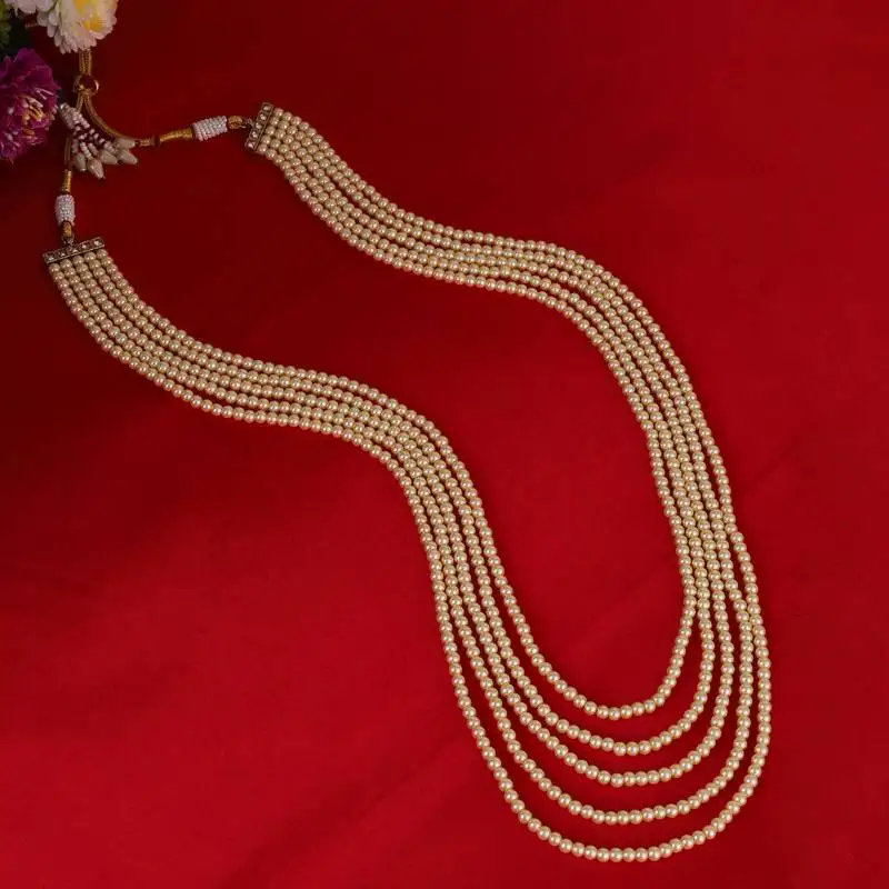 Luxurious pearl 5 layered gold plated moti mala necklace