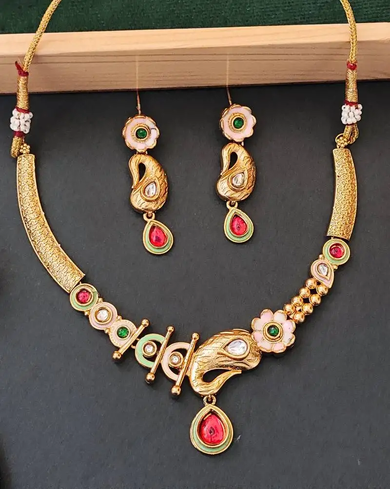 Enamel work paisley design necklace set with green and red stones