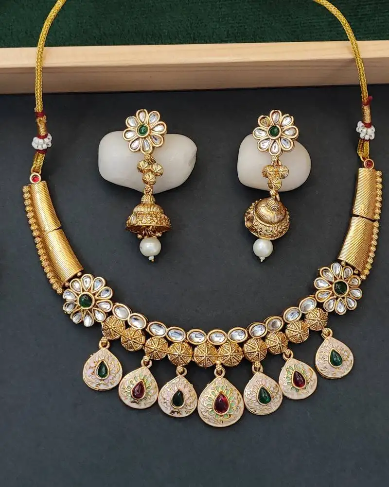 Designer floral drop necklace set with white and multicolor pearls