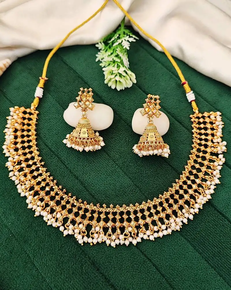 Elegant gold plated pearl choker necklace set with jhumka earrings   handcrafted jewelry for women