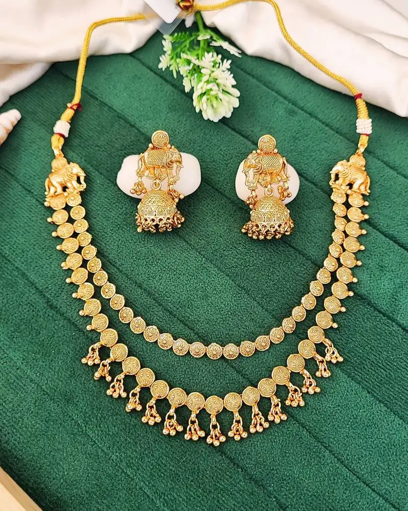 Antique gold plated elephant motif necklace set with jhumka earrings traditional temple jewelry for women