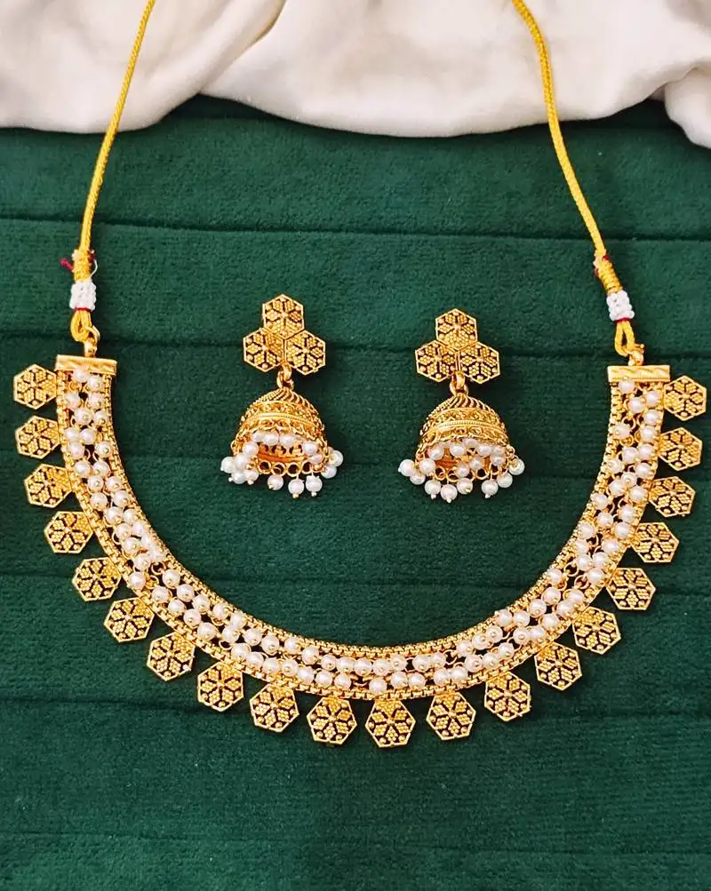 Gold plated pearl necklace set with jhumka earrings for women, jewelry for all occasions