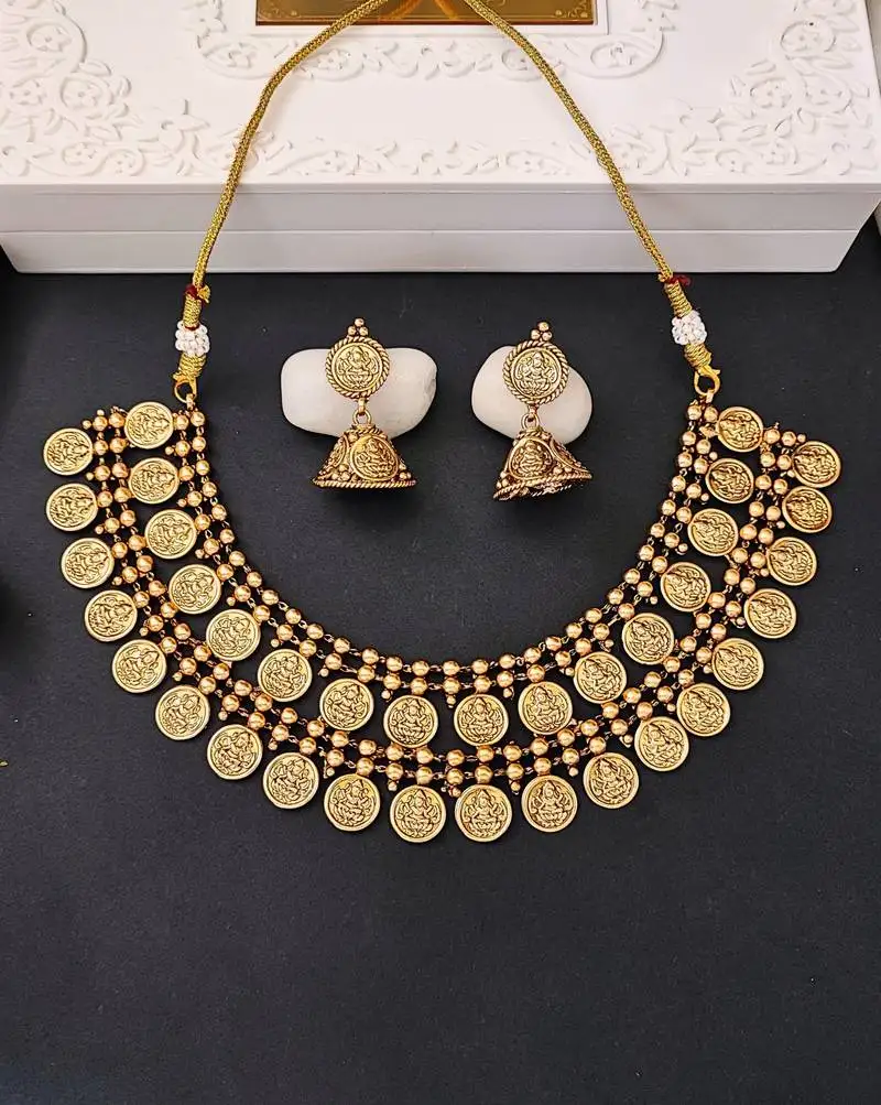 Lakshmiji coin gold plated necklace set with jhumka earrings   traditional temple jewelry for her