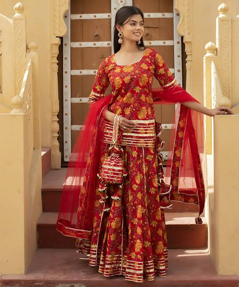 Red cotton printed kurta set