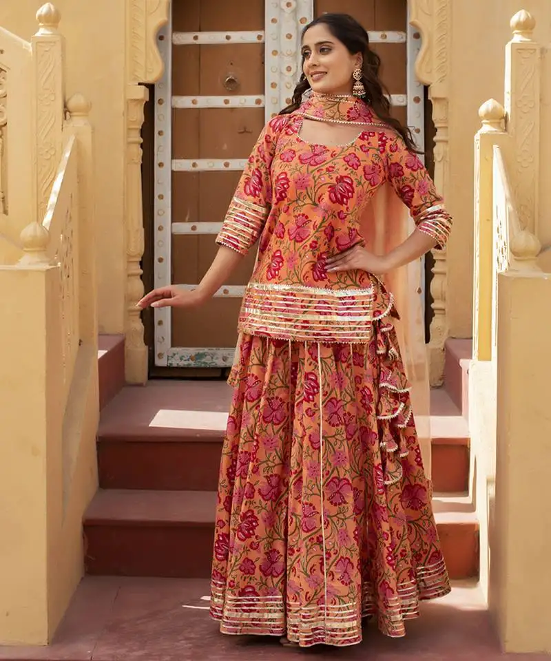 Orange cotton printed kurta set