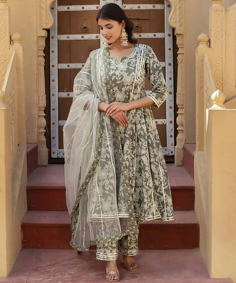 Green cotton printed anarkali