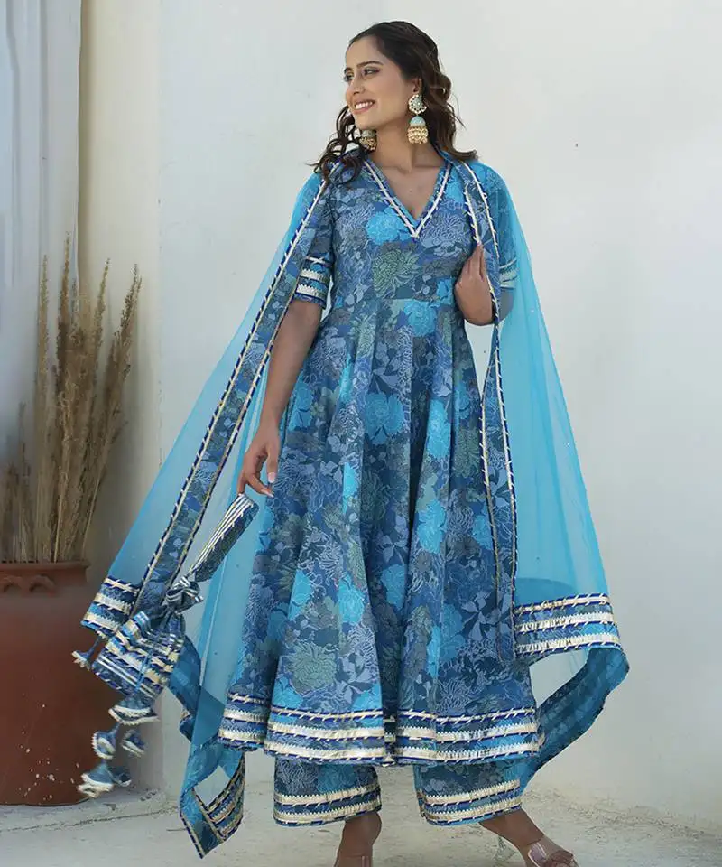 Blue cotton printed anarkali