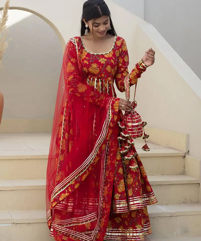 Red cotton printed anarkali