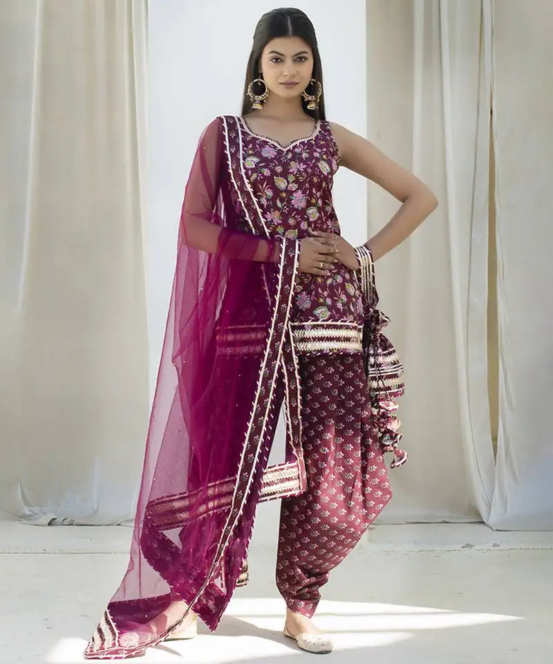 Wine cotton printed kurta set