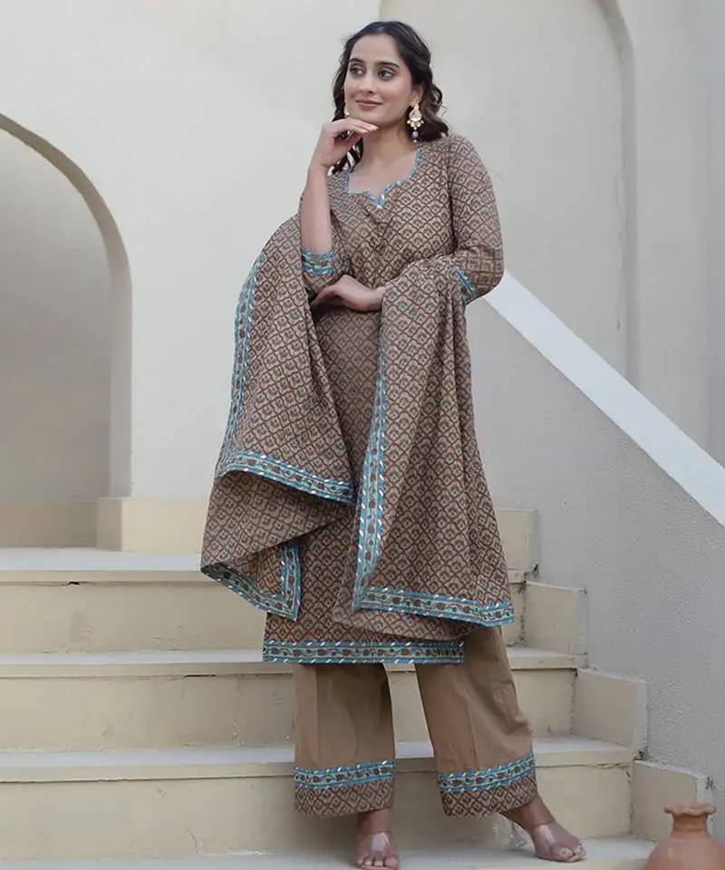 Brown cotton printed kurta set