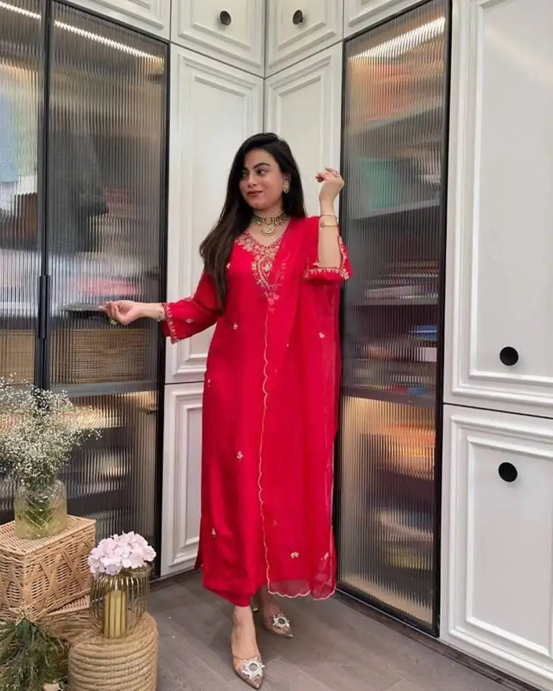 Red embroidered stitched rayon kurta suit with dupatta