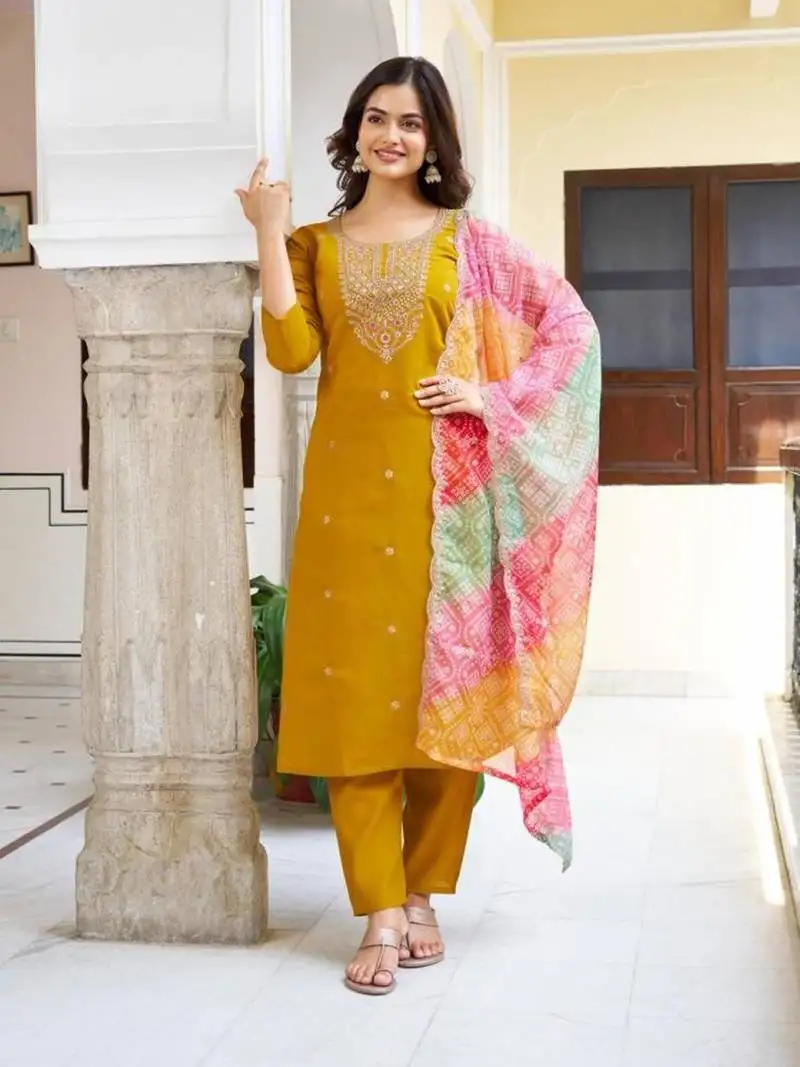 Yellow embroidered stitched viscose kurta suit with dupatta