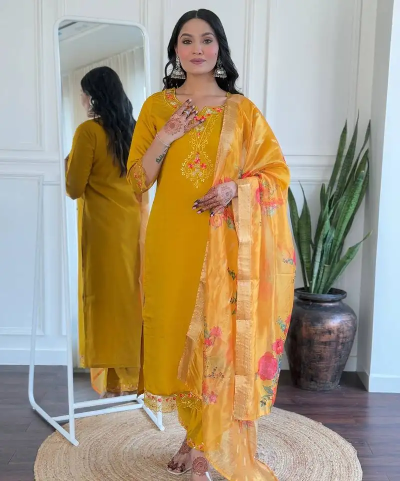 Yellow embroidered stitched roman silk kurta suit with dupatta