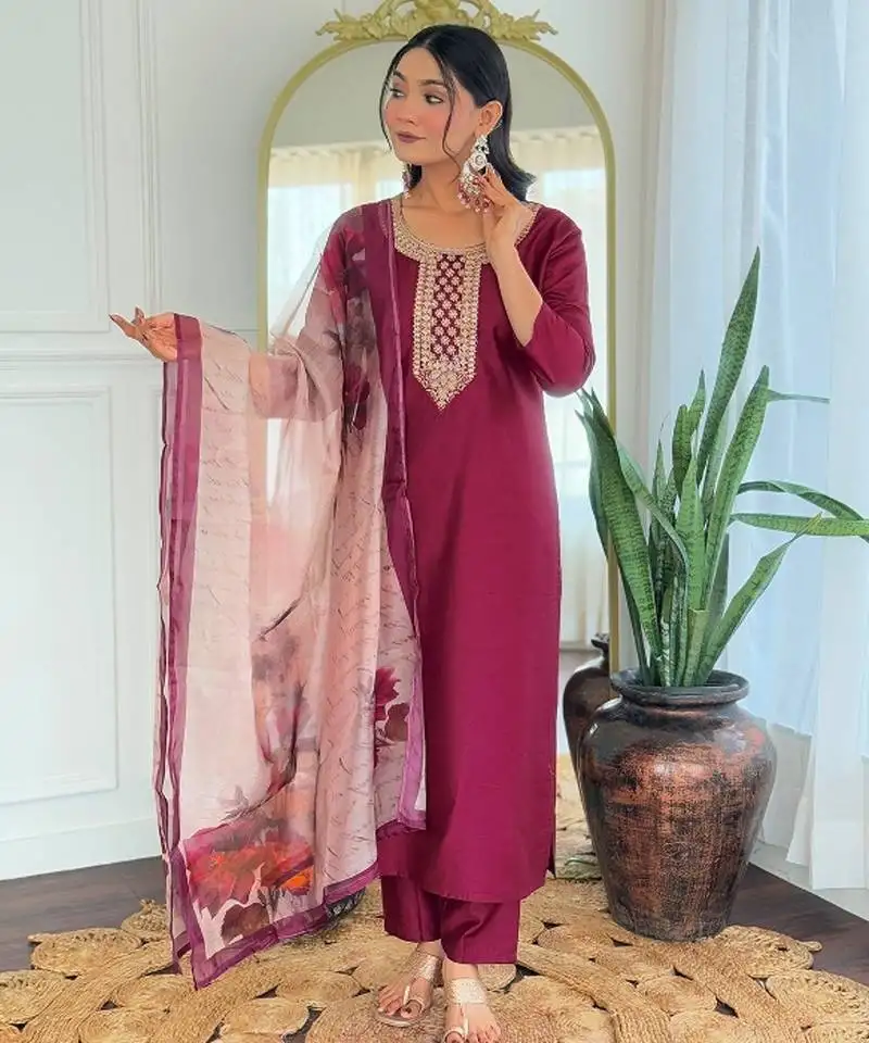 Maroon embroidered stitched rayon kurta suit with dupatta