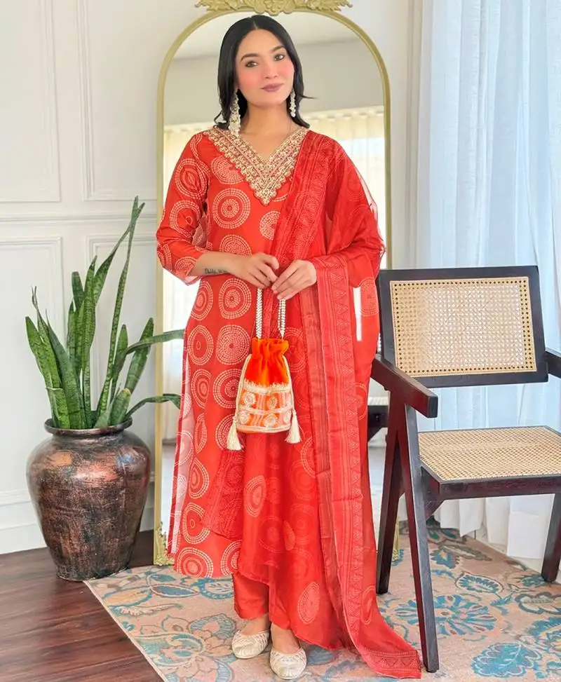 Orange embroidered stitched rayon kurta suit with dupatta
