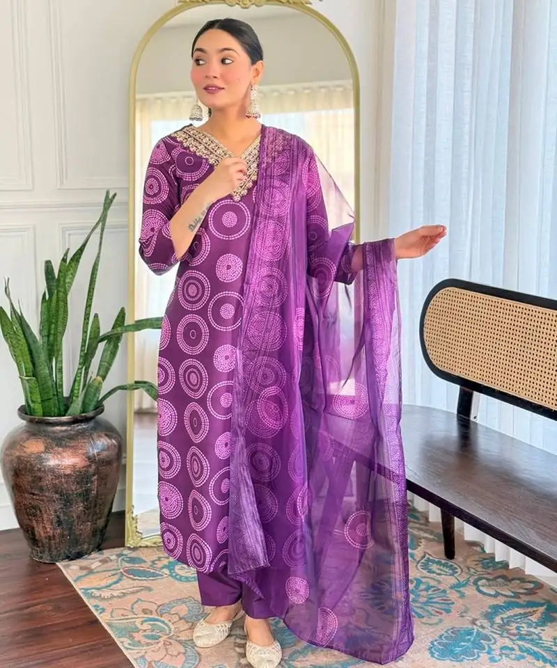 Purple embroidered stitched rayon kurta suit with dupatta