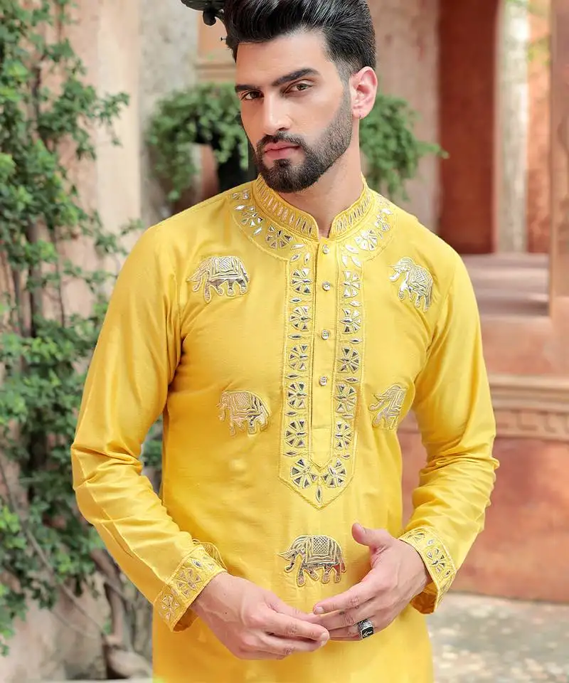 Yellow embroidered cotton silk kurta