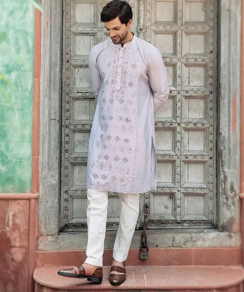 Blue embroidered cotton silk kurta