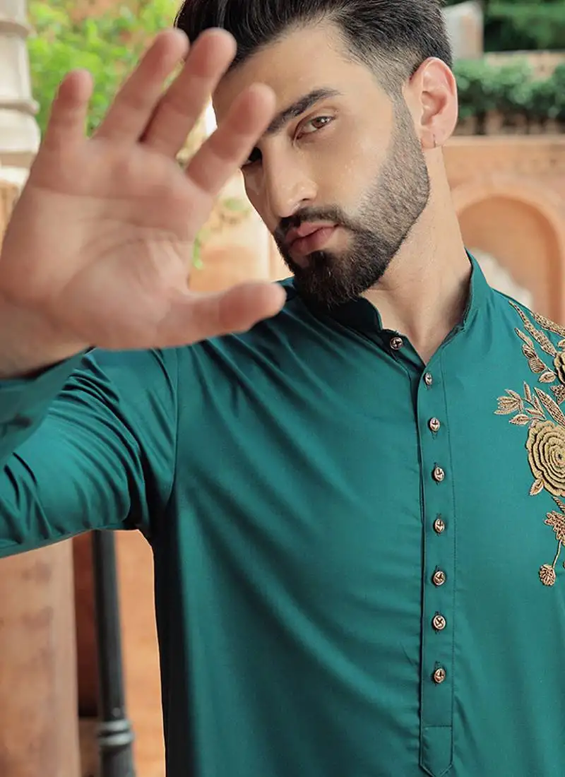 Turquoise embroidered cotton kurta